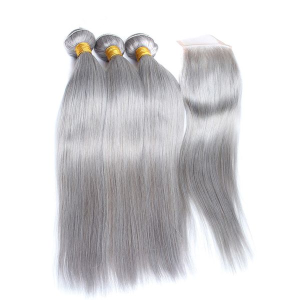 Cabelo Humano Virgem peruano Cinza de Prata 3 Pcs Ofertas Bundles com Fechamento Superior de Seda Reta Cinza Colorido 4x4 Fechamento Dianteiro Do Laço com Tece