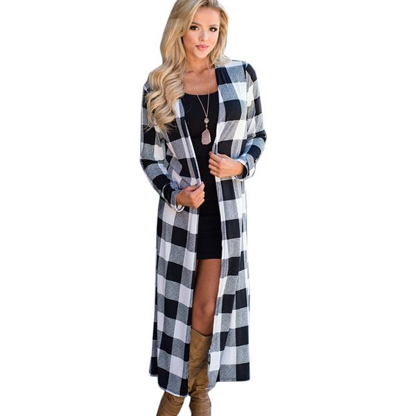 

2 color 4 size long sleeve loose maxi cardigan outwear cardigan women 2020 long plaid coats and jackets casual, White