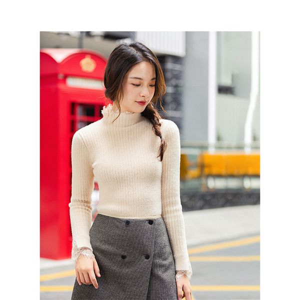 

inman 2019 winter new arrival minimalism o-neck sleeve split lace warm knitted women pullover, White;black