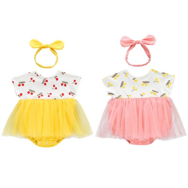 

2 pcs baby girls dress short sleeve romper dress+headband set bodysuit outfits, Red;yellow