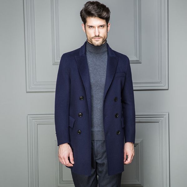 

new double-sided wool men double breasted cashmere long coat mens overcoat peacoat man jacket erkek mont 209 kj1471, Black