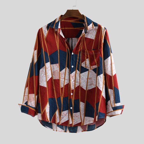 

men's shirt multi-color printed pocket patchwork turn down collar streetwear korea style long sleeve shirts camisas hombre, White;black