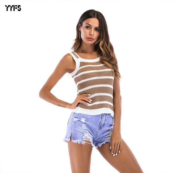 

популярные модели 2020 летние европейские и американские полосатые вязаные камзол женщин вокруг шеи слим-looking рукавов top, Black;white