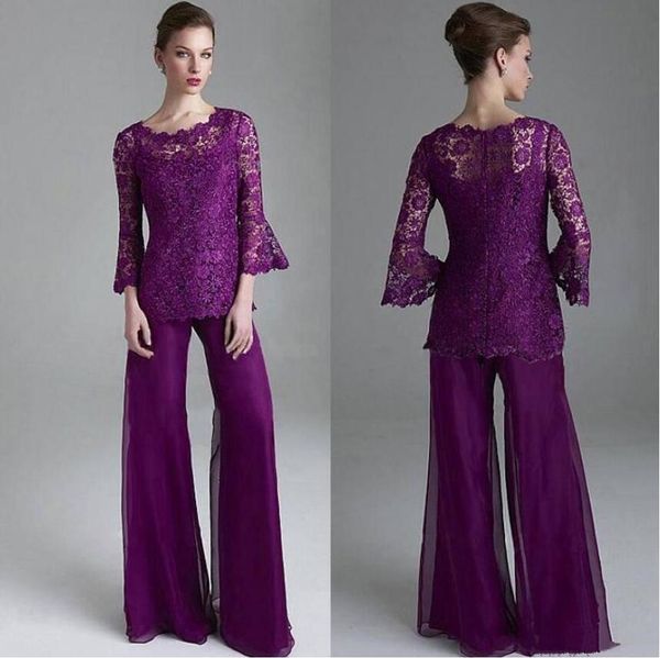 Elegante Lace Roxo Mãe Da Noiva Pant Ternos Jóia No Pescoço Mangas Compridas Convidado Do Casamento Vestido Plus Size Mãe dos Vestidos de Noiva