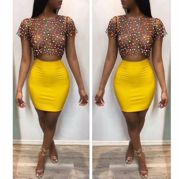 

women 2 piece set polka dot mesh tshirt crop and skirt short sets two piece club outfits bodycon dress, Gray