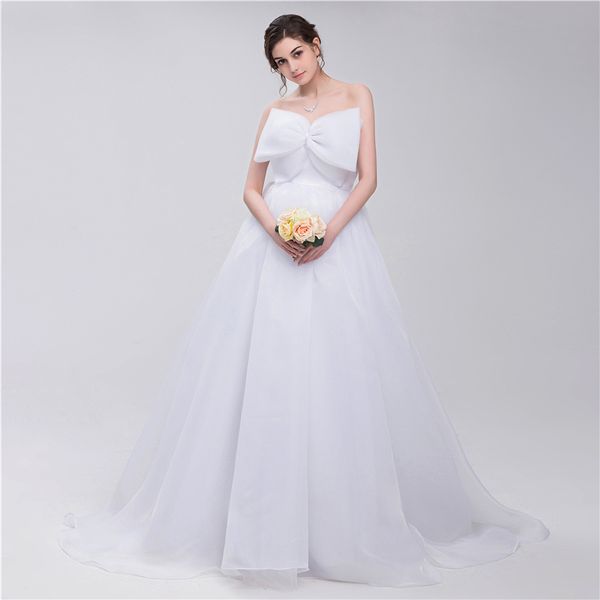 

strapless a-line organza cute wedding dresses pleated skirt wedding dress sweep train simple wedding gowns big bow vestidos de novia, White