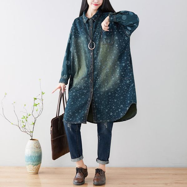 

women's jackets women printed loose denim jacket ladies plus size vintage cute stars print coat outerwear female bleached overcoat, Black;brown