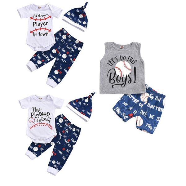 

clothing sets cute cartoon born baby boys clothes letter baseball print romper/vest +shorts/pants hats summer toddler outfits, White