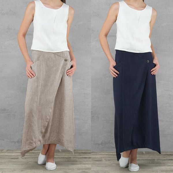 

plus size maxi skirt plus size asymmetrical women vintage maxi skirts 2019 summer casual loose high waist linen skirt pleated beach skirt, Black