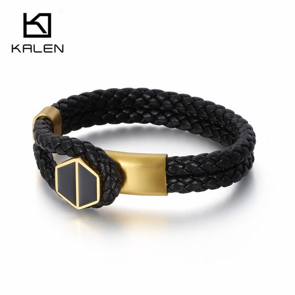 

20cm stainless steel gold/silver/black hexagon bracelet men's charm double layer leather bracelet homme jewelry accessory, Golden;silver