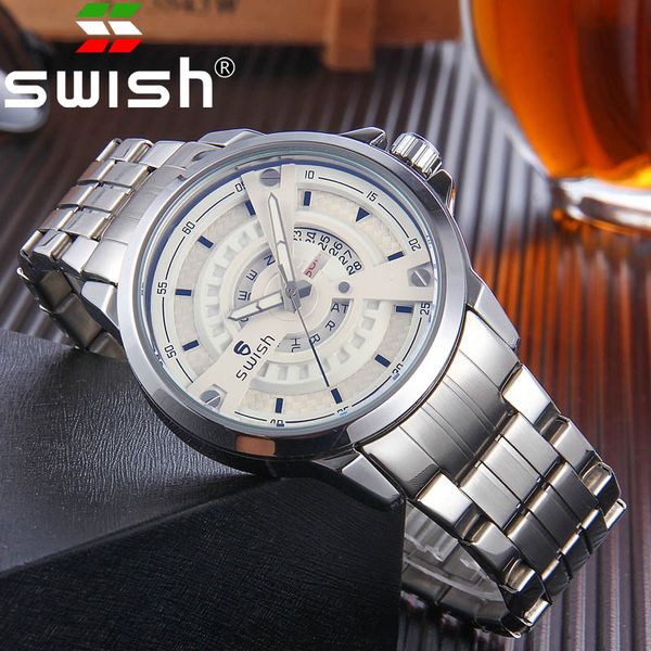 

swish automatic date watches fashion luxury famous design man clock relogio masculino 2019 men quartz watch, Slivery;brown