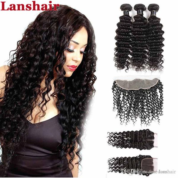 

бразильский индийский глубокая волна человеческих волос weave связки с кружевом закрытие или lace фронтальная закрытие глубокая волна выдвиж, Black