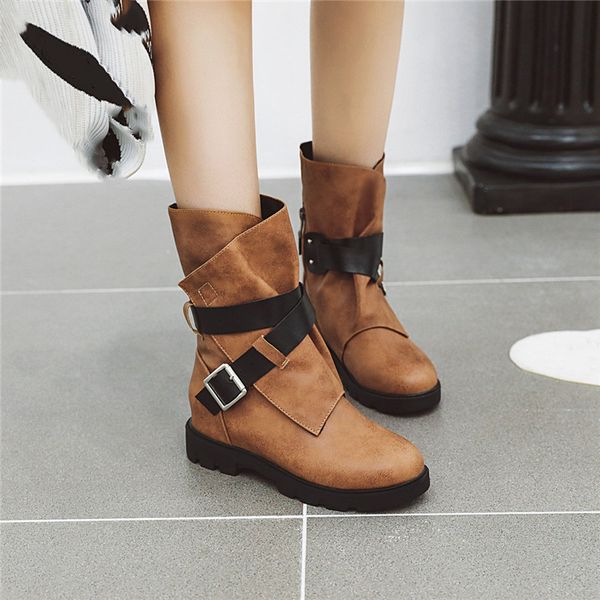 

ymechic plus size autumn winter 2019 cross buckle strap chunky low heels ankle womens boots vintage retro ladies shoes footwear, Black