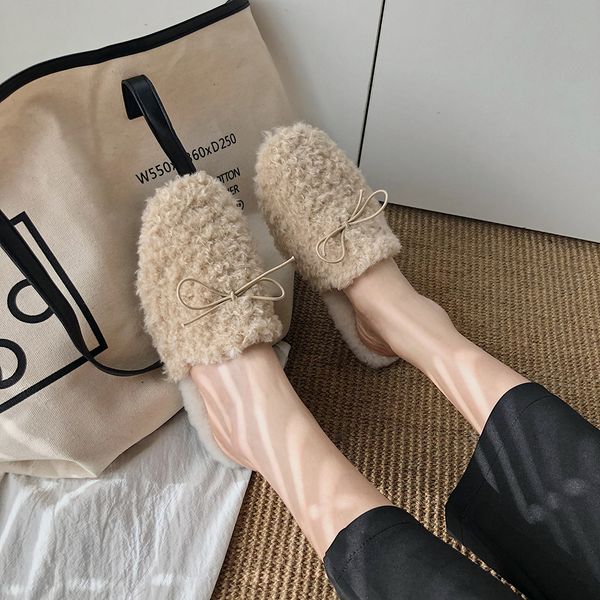 

low female shoes flock plush slippers for adults slides cover toe loafers fashion butterfly-knot 2019 soft fur flat luxury, Black