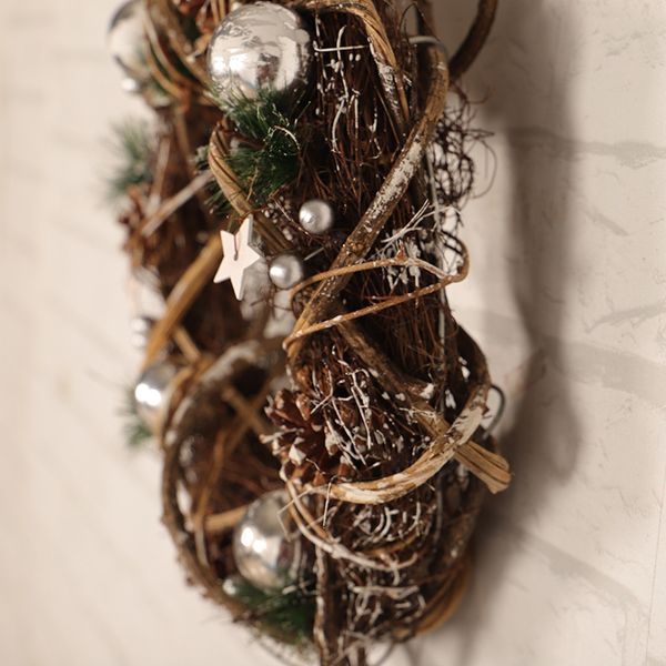 

artificial rattan wreath with silver ball and pine cones holiday christmas front door wall window decor garland