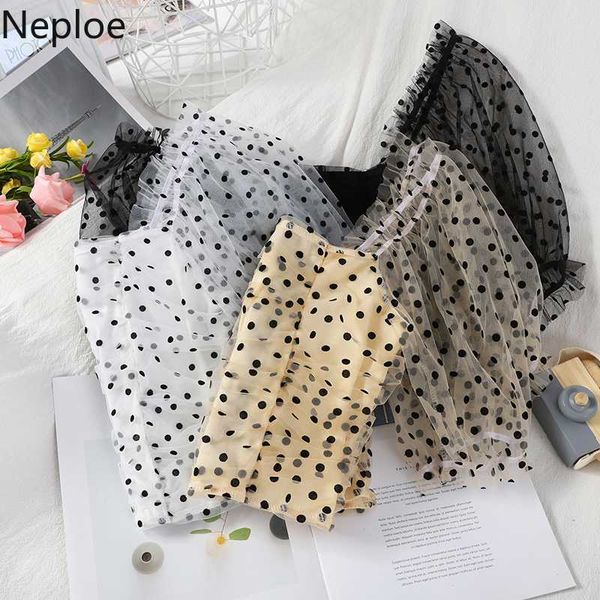 

women's blouses & shirts neploe mesh polka dot women blouse puff short sleeve square collar korean 2021 summer blusas feminimos 4b074, White