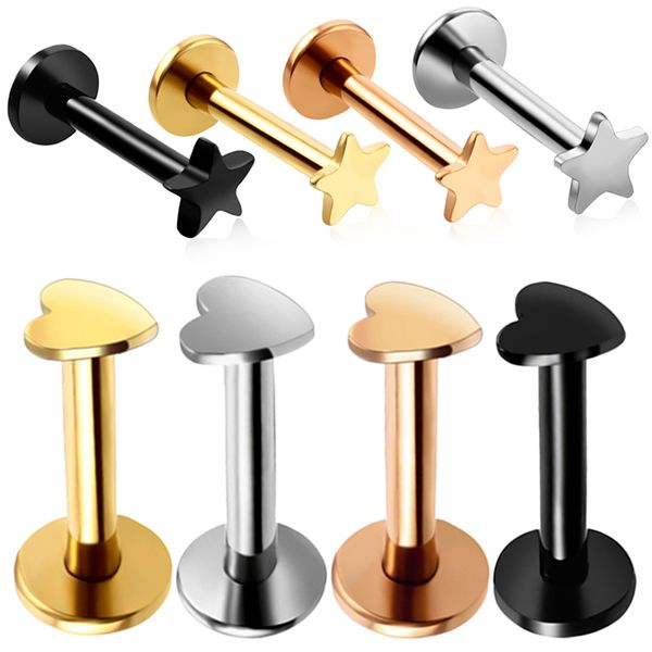 

4pcs steel heart star logo labret lip stud rings assorted colors 16g ear cartilage tragus helix barbell earrings fashion jewelry, Slivery;golden