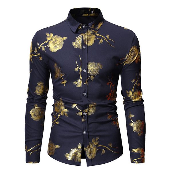 

golden rose print mens casual shirts fashion lapel neck single breasted mens shirts casual males clothing, White;black