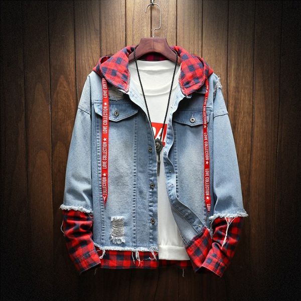 

2018 autumn winter fashion jacket for men plaid stripe spliced ripped denim jacket men youth streetwear hip hop hooded, Black;brown
