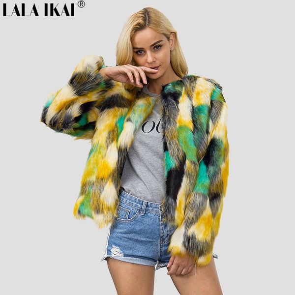 

women chic winter patchwork pattern faux fur coat yellow green black color plus size 3xl ladies outfit femme pullover swq0402-45