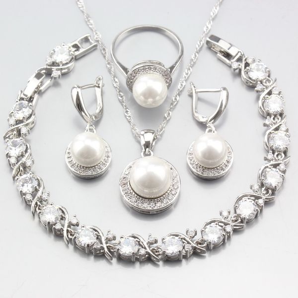 

amazing round freshwater pearls natural white zircon 925 sterling silver jewelry sets for women christmas gift costume, Slivery;golden