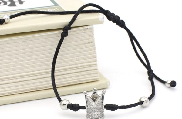 

8mm iyj54 gold silver crown micro pave cz zircon cubic zirconia bracelet reiki chakra macrame charm braided copper rope bangles, Black