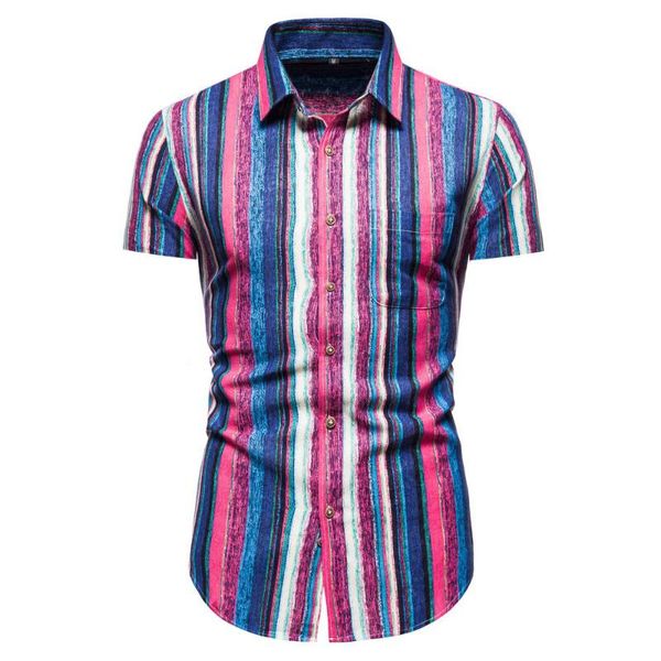 

men's casual shirts 2021 lapel shirt cotton and linen short-sleeved slim stylish striped material, White;black