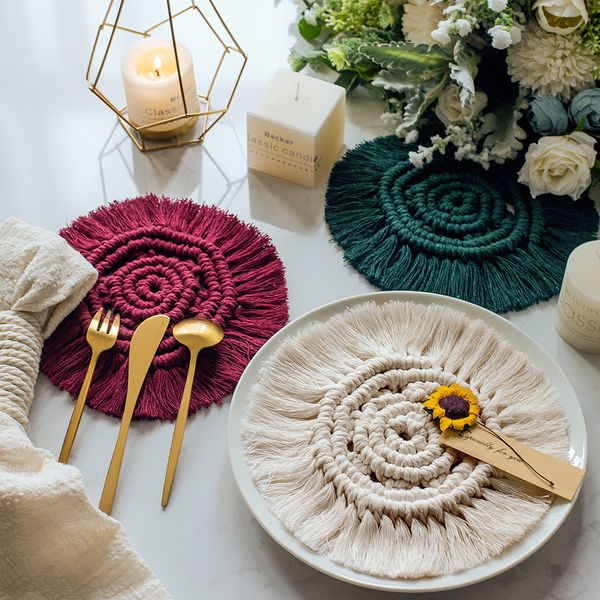 

northern europe style drink coaster macrame cup pad table mat pure handmade cotton braid non-slip insulation mats for kitchen