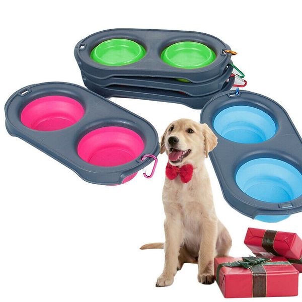 

pet supplies dog bowl foldable silicone double bowl feeding bowl foldable food drinking water feeder for cats dogs supply