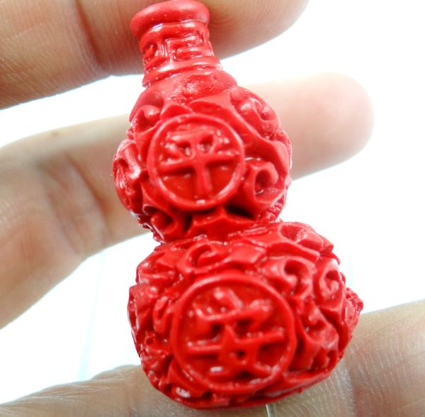 

38*23mm chinese red organic cinnabar pendant necklace gourd hand-carve, Silver