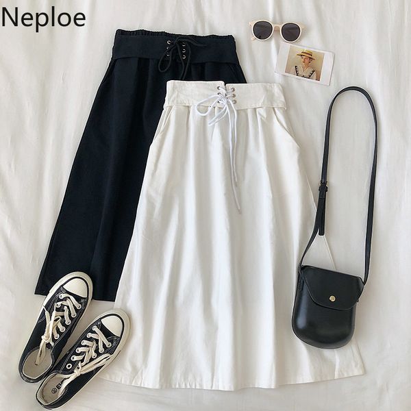 

skirts neploe stretch cross bandage waist women bottoms 2021 spring korean solid skirt leisure high medium-long 58406, Black