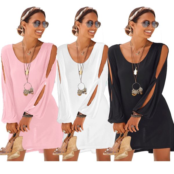 

Women Summer Mini Dresses Solid Color Long Sleeve Clothing Spring Summer Crew Neck Casual Loose Apparel