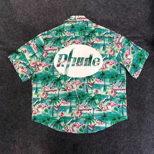 

new rhude whole body flamingo skateboard shirt for men version men hip hop casual sandy beach short sleeve shirts s-xl, White;black
