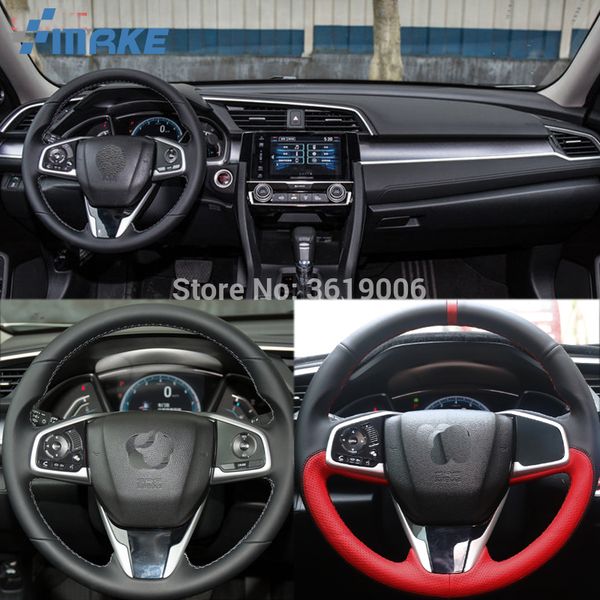 

for honda civic civic 10th 2016 hand-stitched anti-slip black red leather red thread diy steering wheel cover