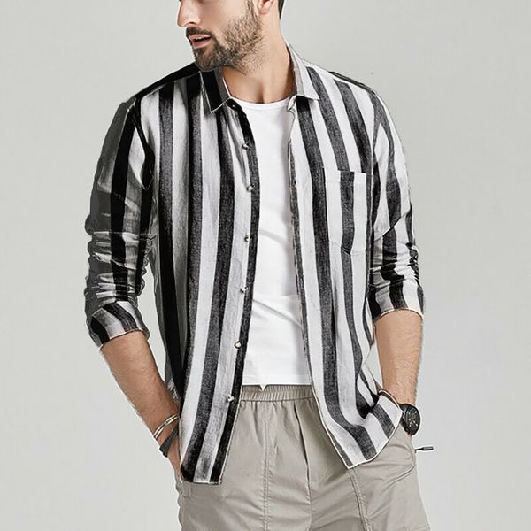

men's shirts blusa masculina vintage striped button linen solid long sleeve shirts men retro slim fit blouse camisa masculina, White;black
