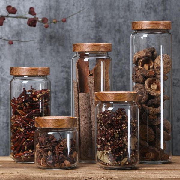 

350/650/950ml/1250ml/1550ml bamboo lid glass airtight canister storage bottles jars grains tea leaf coffee beans candy food jar