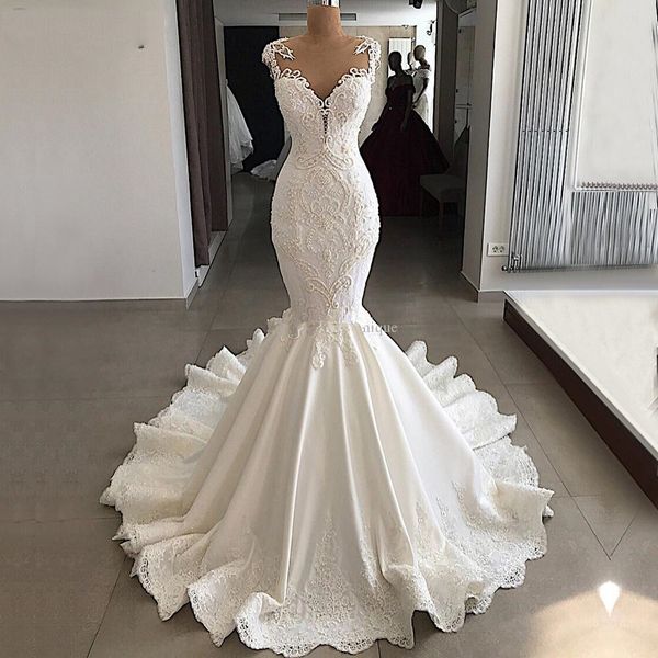 

Sexy Mermaid Wedding Dress 2019 Sheer Nude Back Beaded Lace V-neck robe de mariee Ivory Real Wedding Gown