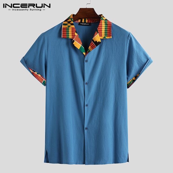

men's casual shirts incerun 2021 ethnic style men shirt short sleeve lapel printed patchwork cotton camisas streetwear mens african, White;black