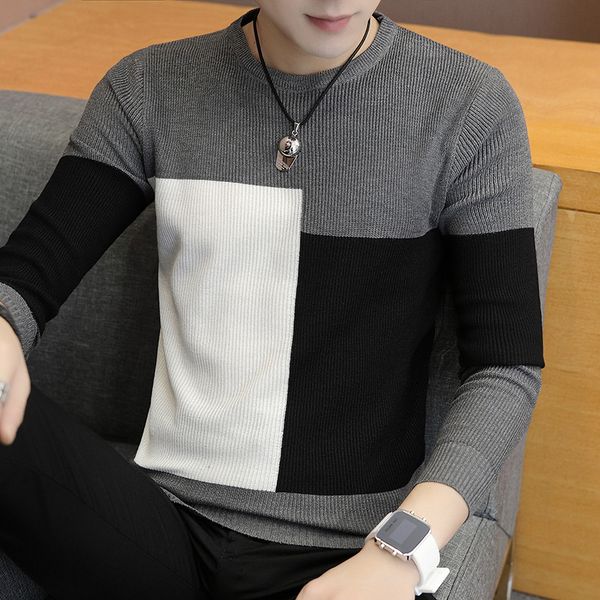 

zogaa 2019 winter thick warm sweater men o-neck wool sweaters knitted cashmere pullovers color patchwork casual sweaters men, White;black