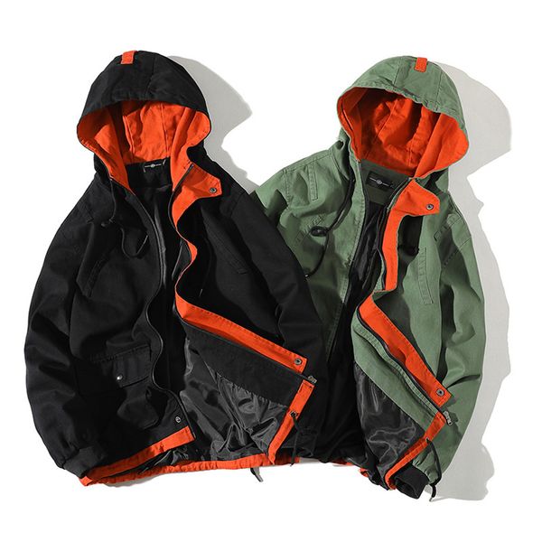 

japanese streetwear jacket men retro color stitching full zip windbreaker jacket spring autumn fashion casual hip hop coat, Black;brown