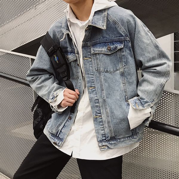 

2019 autumn vintage trend student turn down collar long sleeve men blue cowboy jacket casual worn out cotton loose male coat, Black;brown