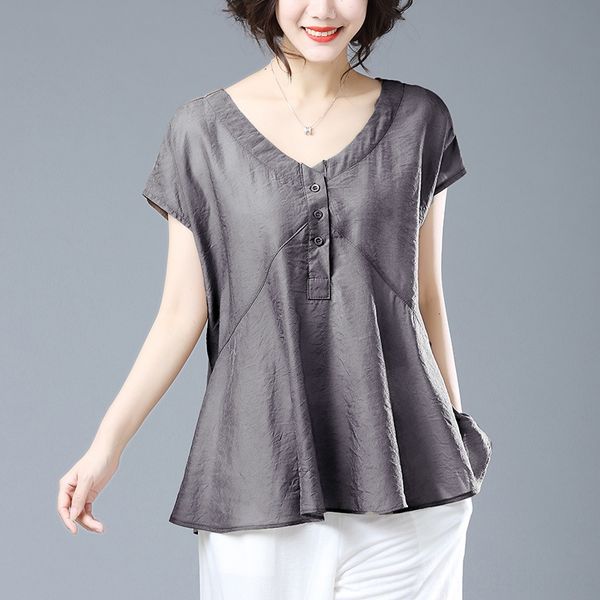 

2020 loose large size half sleeve v-neck coat t-shirt short sleeve t-shirt women's short casual all-match cotton and linen top, White