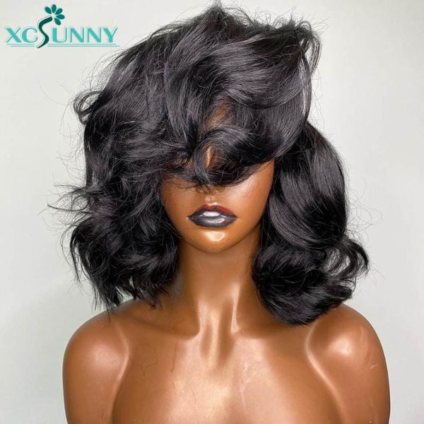 

lace wigs 13x6 front short human hair pre plucked 360 frontal wig remy brazilian 4x4 closure 180 density xcsunny, Black;brown