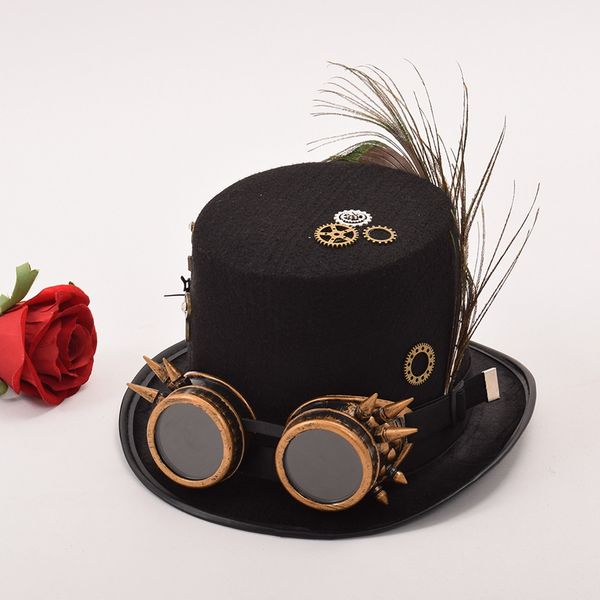 

fashion-man/woman black punk fedora glasses gear clock deco hat, Blue;gray