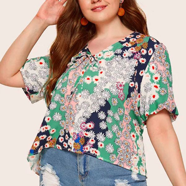 

2019 summer women's t shirt plus size floral print flare sleeve belted surplice peplum blusas feminina new, White