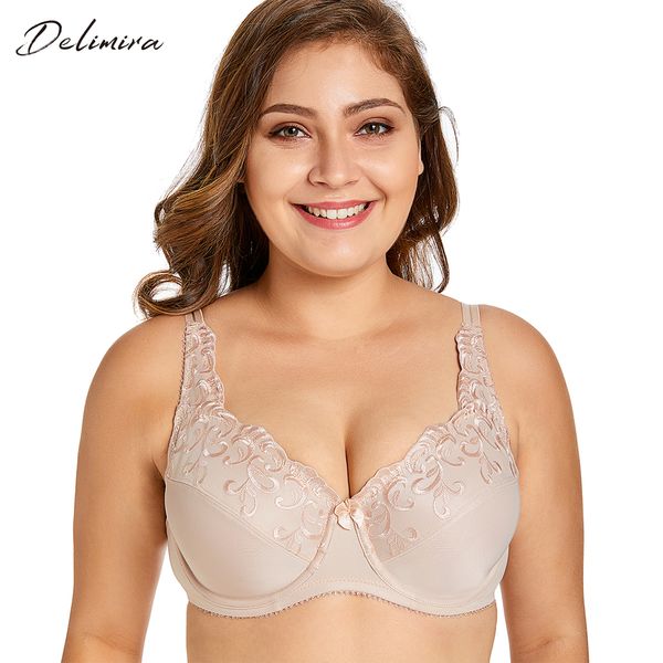 

delimira women's floral embroidered minimizer full coverage bra, Red;black