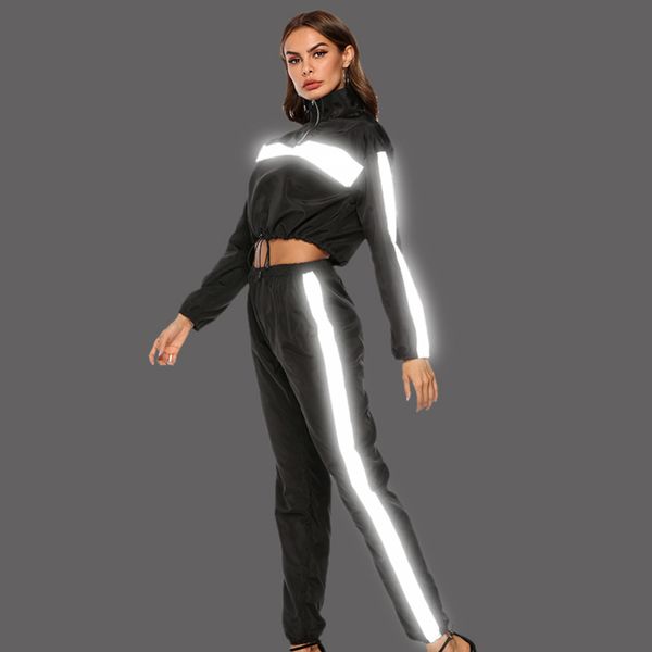 

2019 spring autum new night reflective female jacket casual sport hooded short coat women crop suit zipper outwear, Black;red