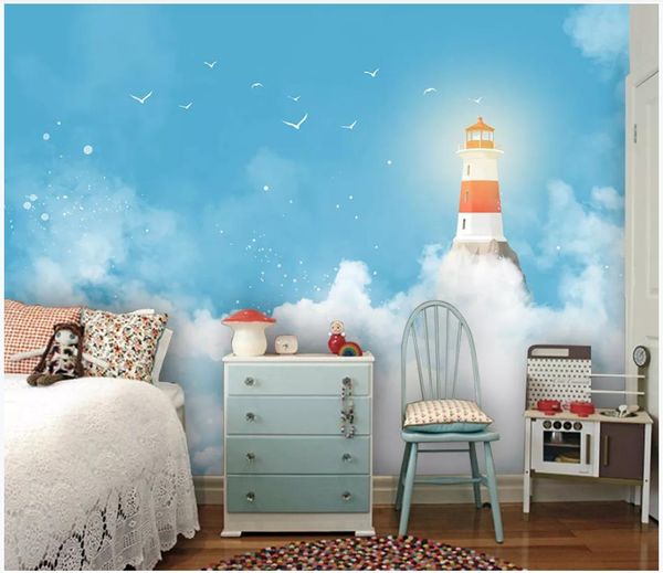 Kundenspezifische Fototapete 3D Wandbilder Tapeten Moderne minimalistische Mittelmeer blauer Himmel Leuchtturm Kinderzimmer Hintergrund Tapeten