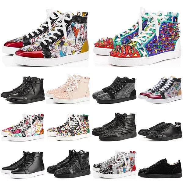 

designer new studded spikes suede graffiti genuine leather flat red bottom low cut luxury sneakers casual shoes with box