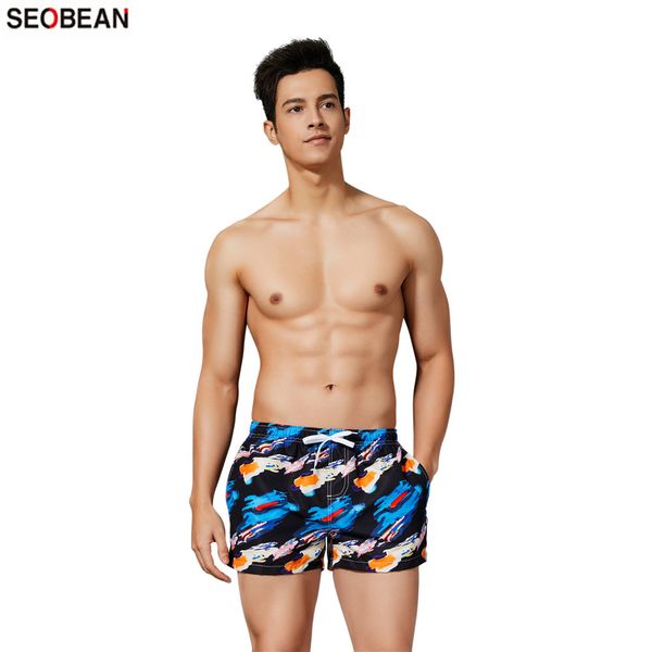 

seobean men's summer new casual beach sports wear straight leg type printing men's quick-drying shorts surfing & beach shorts, White;black